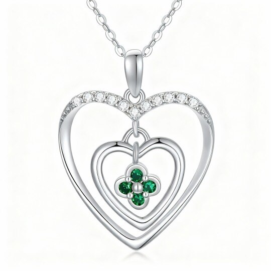 Collar con colgante de trébol de cuatro hojas y corazón en oro blanco de 10 quilates con circonitas cúbicas