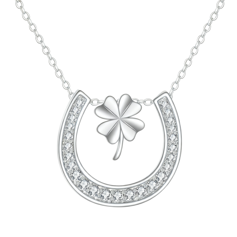 Collar con colgante de trébol de cuatro hojas y herradura de oro blanco de 10 quilates con circonitas cúbicas.-1