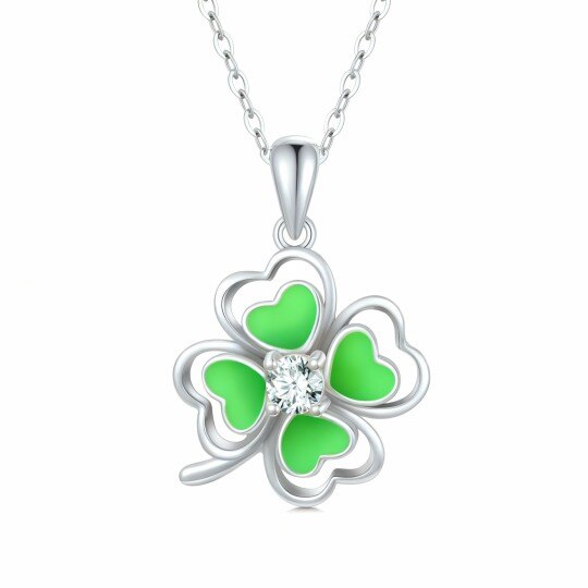 Collar con colgante de trébol de cuatro hojas de oro blanco de 10 quilates y circonitas cúbicas
