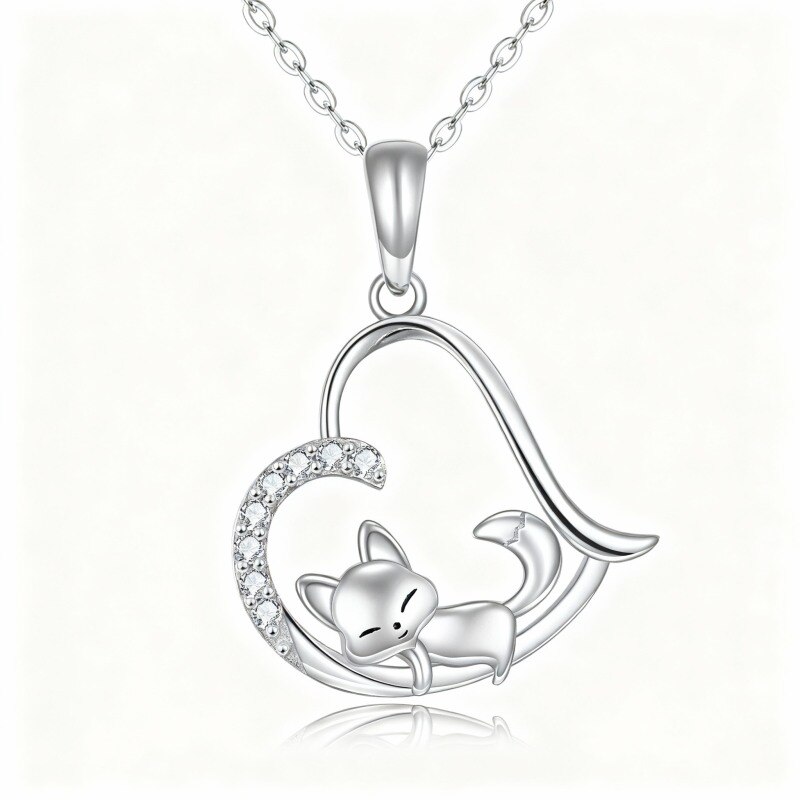 Collar con colgante de zorro y corazón de oro blanco de 10 quilates con circonitas cúbicas-20