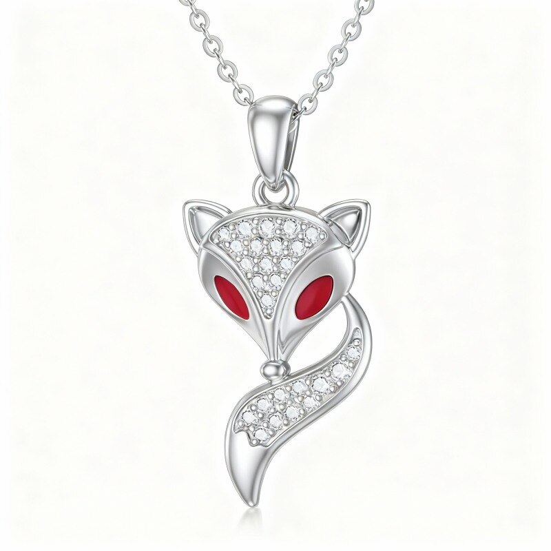 Collar con colgante de zorro de oro blanco de 10 quilates y circonitas cúbicas-19