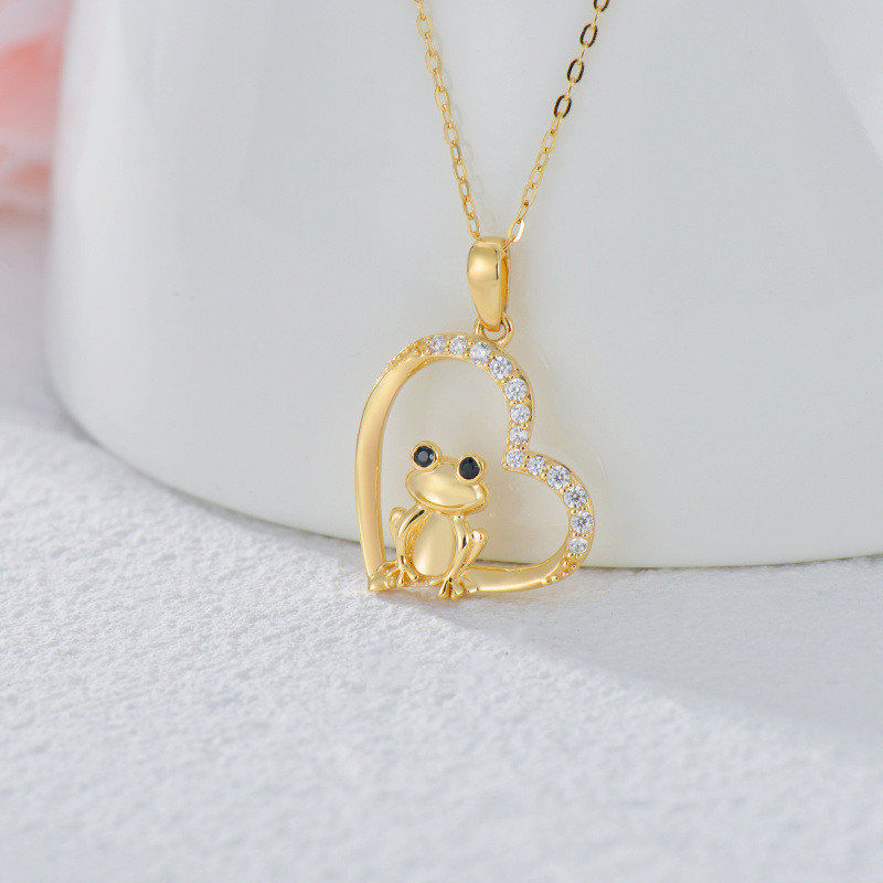 10K Gold Cubic Zirconia Heart Frog Pendant Necklace-3
