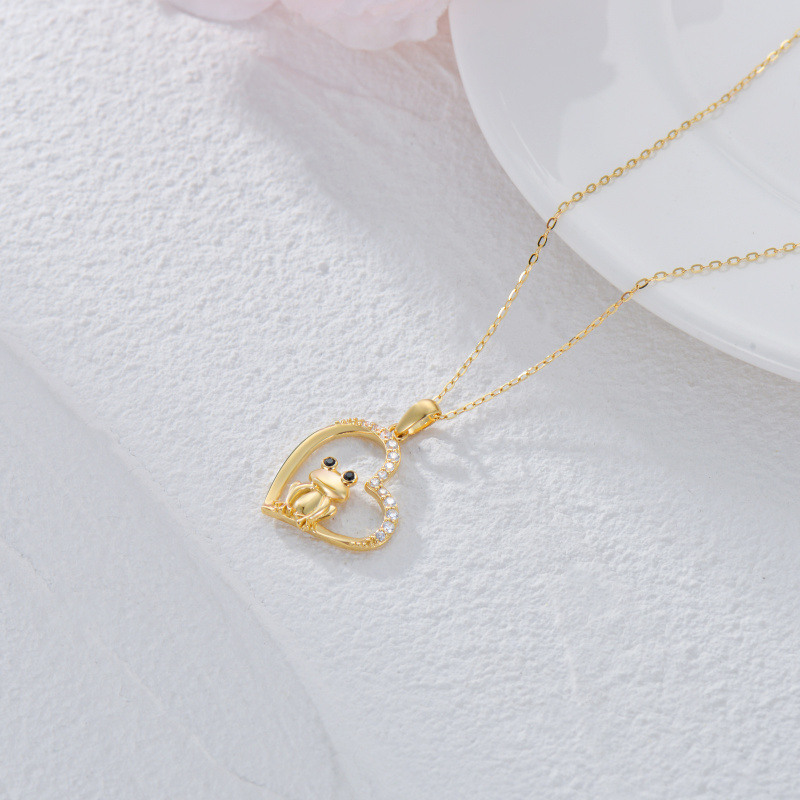 10K Gold Cubic Zirconia Heart Frog Pendant Necklace-4