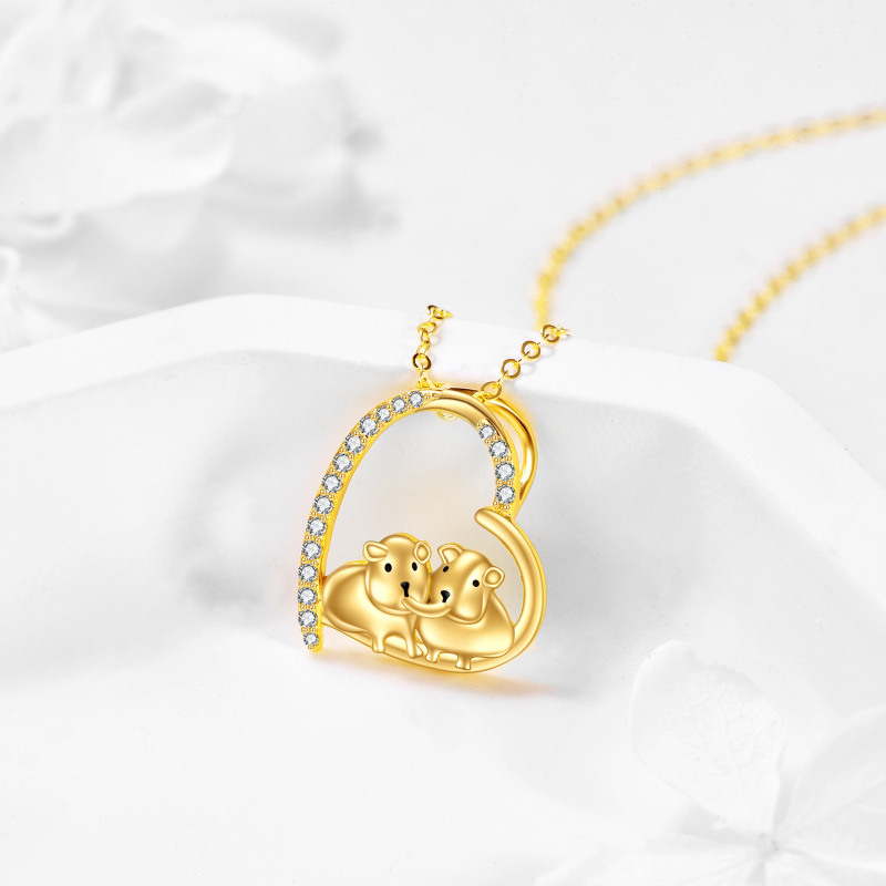 10K White Gold Cubic Zirconia Guinea Pig & Heart Pendant Necklace-3