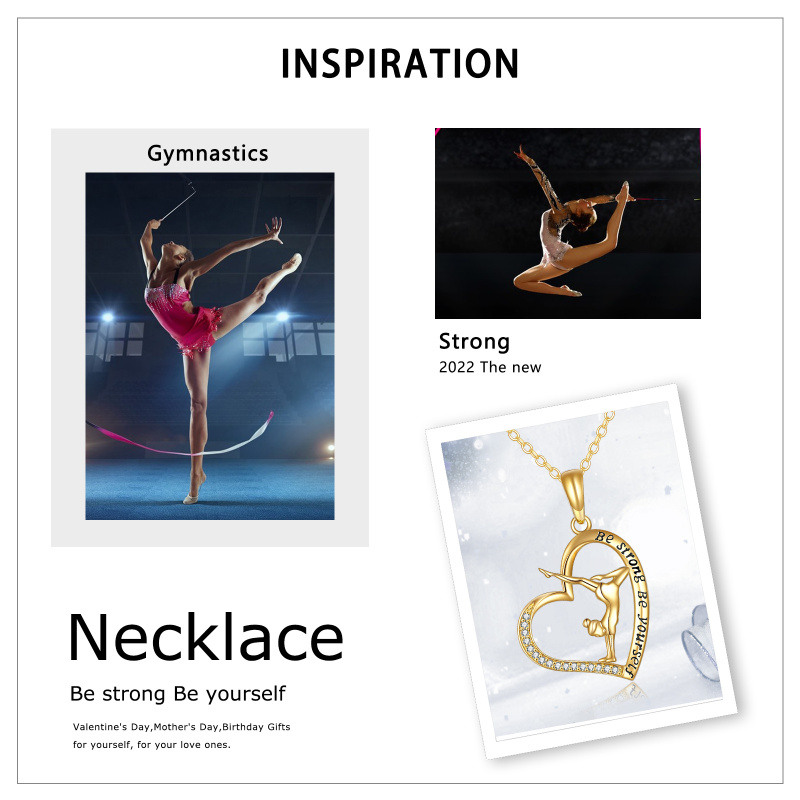 Collar con colgante de gimnasta y corazón en oro de 14 quilates con circonitas cúbicas y palabra grabada-5