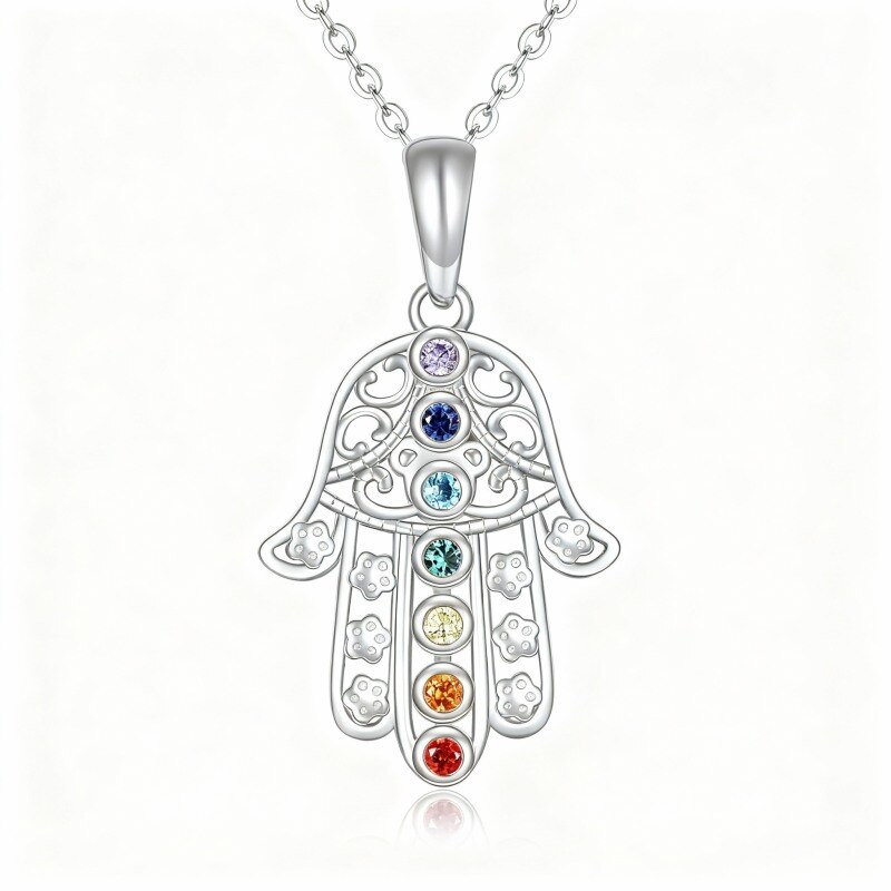 Collar con colgante de mano de Hamsa de circonita cúbica en oro blanco de 10 quilates-16