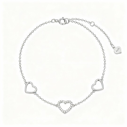 Bracelet à breloques en or blanc 10 carats et zircon cubique en forme de cœur