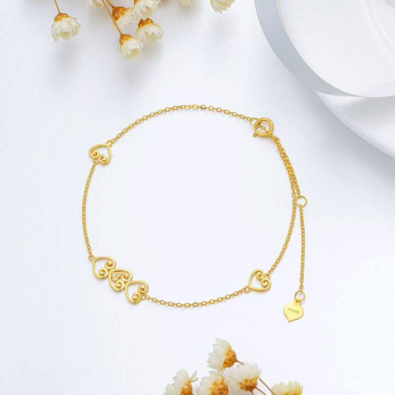 10K Gold Zircon Heart Charm Bracelet-3