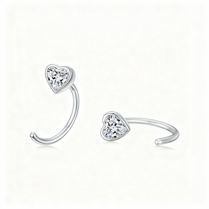 Pendientes de aro con forma de corazón de oro blanco de 10 quilates con circonitas cúbicas-1