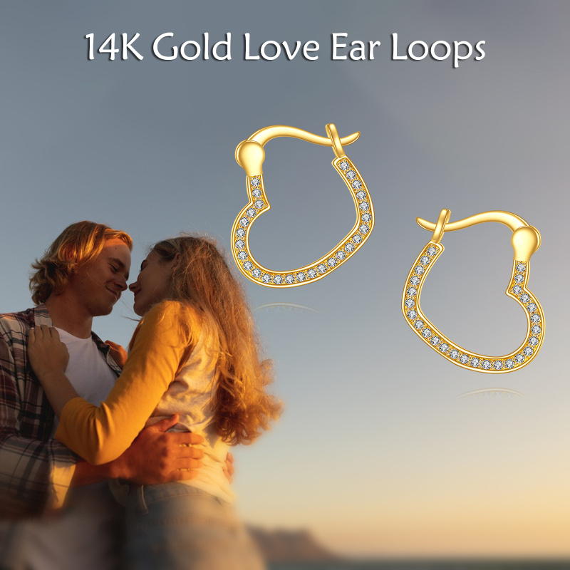 14K Gold Cubic Zirconia Heart Hoop Earrings-6