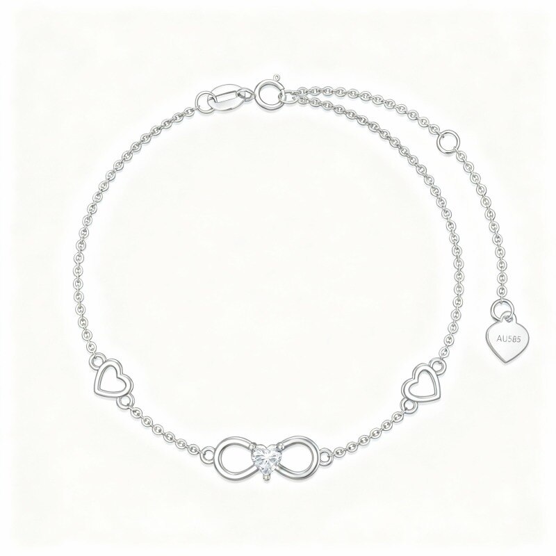 Pulsera con dije de corazón y símbolo de infinito en oro blanco de 14 quilates con circonitas cúbicas-1