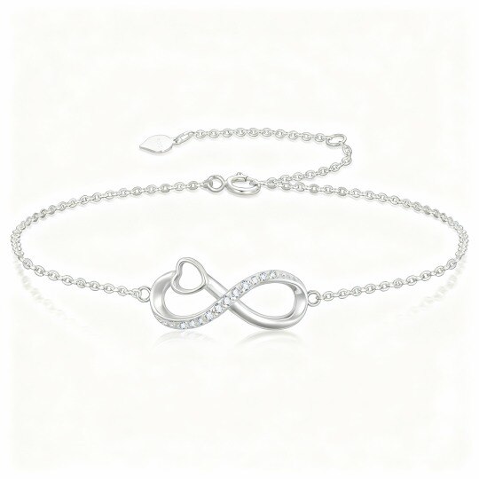 Bracelet à breloques en or blanc 10 carats avec zircon cubique en forme de cœur et symbole de l'infini
