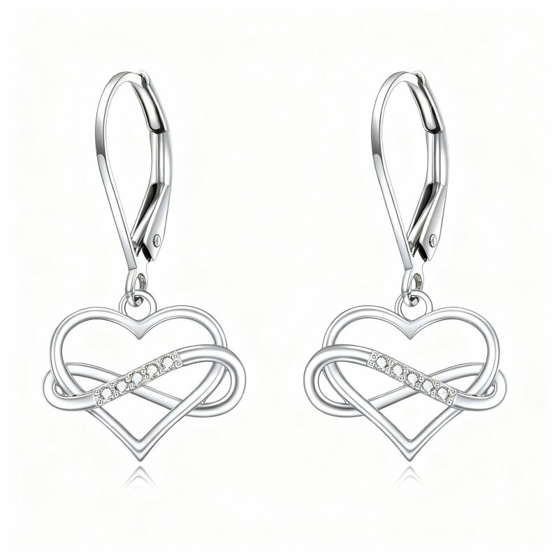 Boucles d'oreilles pendantes en or blanc 10 carats avec zircon cubique en forme de cœur et symbole de l'infini-1