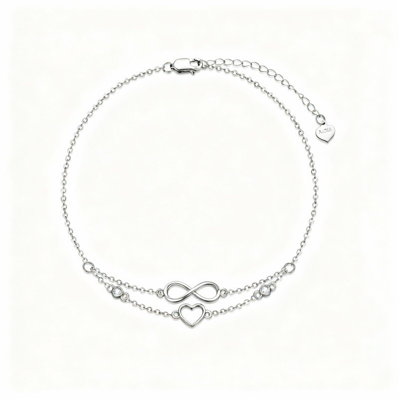 Bracelet de cheville à plusieurs rangs en or blanc 10 carats avec pendentif cœur et symbole de l'infini en zircon cubique-18