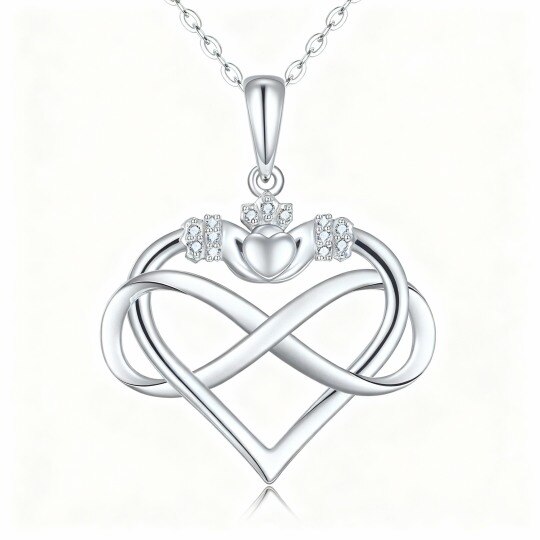 Collier pendentif en or blanc 10 carats avec zircon cubique en forme de cœur et symbole de l'infini