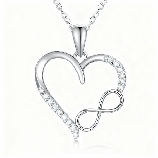 Collier pendentif en or blanc 10 carats avec zircon cubique en forme de cœur et symbole de l'infini