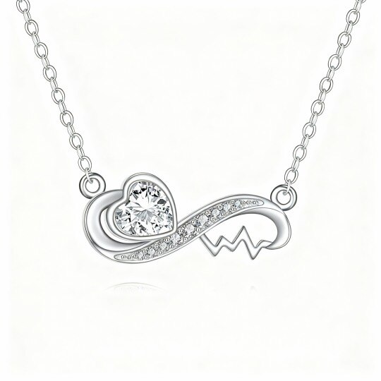 Collier pendentif en or blanc 10 carats avec zircon cubique en forme de cœur et symbole de l'infini