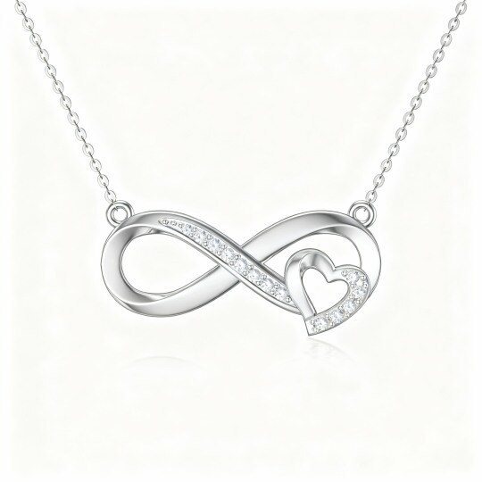 Collier pendentif en or blanc 10 carats avec zircon cubique en forme de cœur et symbole de l'infini