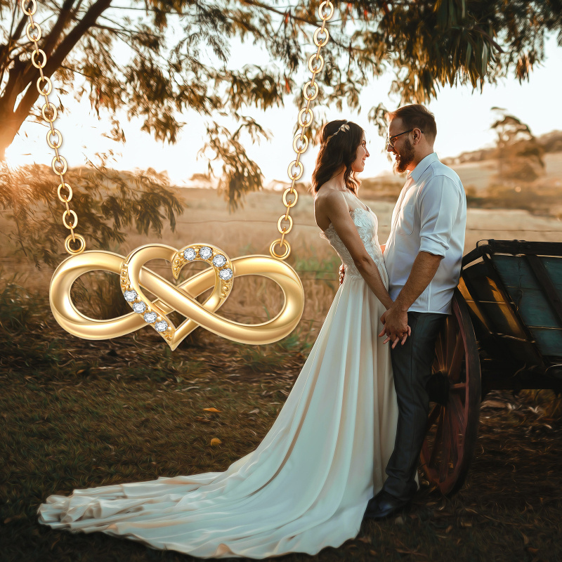 Collar con colgante de corazón y símbolo de infinito en oro de 14 quilates con circonitas cúbicas-5