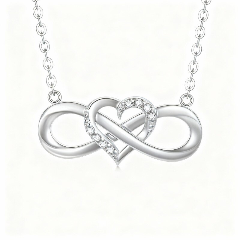 Collar con colgante de corazón y símbolo de infinito en oro blanco de 14 quilates con circonitas cúbicas-1