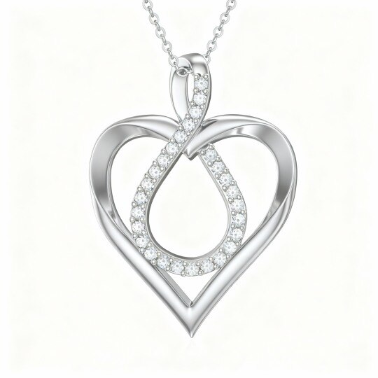 Collier pendentif en or blanc 10 carats avec zircon cubique en forme de cœur et symbole de l'infini