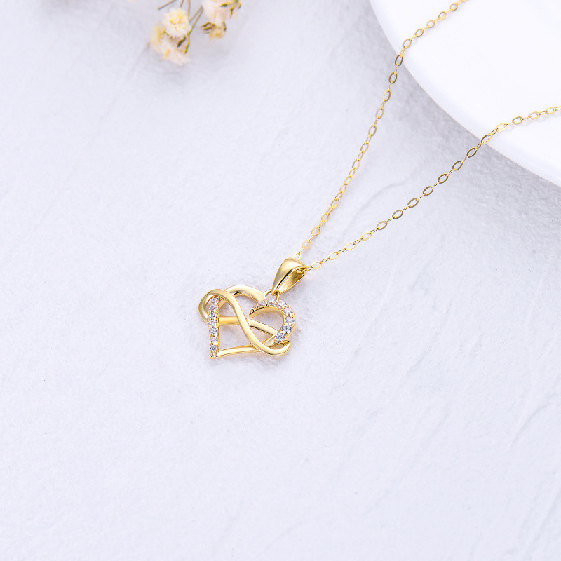 Collar con colgante de corazón y símbolo de infinito en oro rosa de 10 quilates con circonitas cúbicas-4
