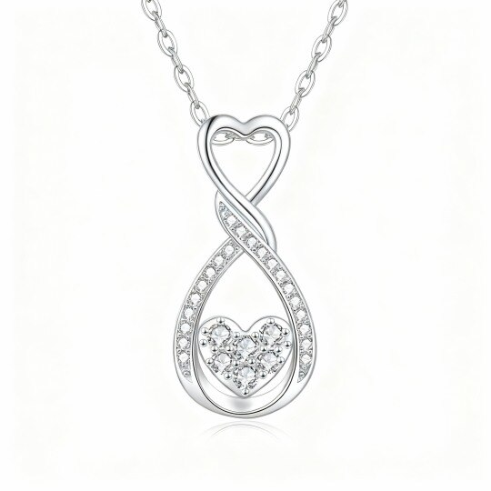 Collier pendentif en or blanc 10 carats avec zircon cubique en forme de cœur et symbole de l'infini
