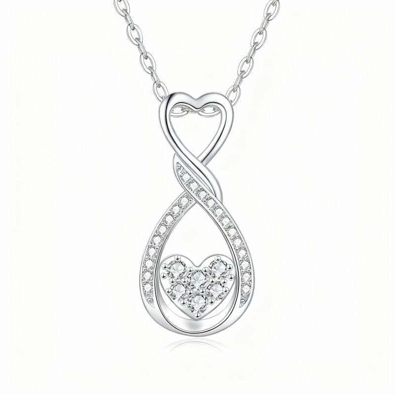 Collar con colgante de corazón y símbolo de infinito de circonita cúbica chapado en oro blanco y platino-1
