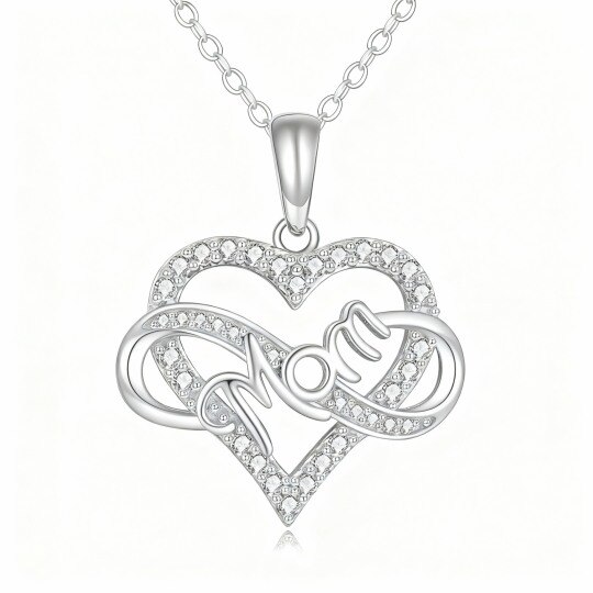 10K White Gold Cubic Zirconia Heart & Infinity Symbol Pendant Necklace with Engraved Word