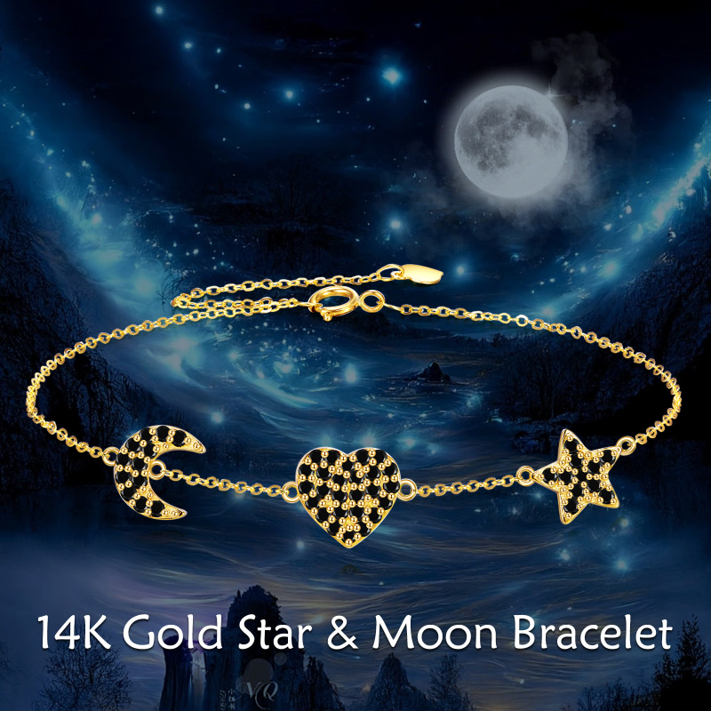 Pulsera con dije de corazón, luna y estrella de circonita cúbica en oro de 14 quilates-6