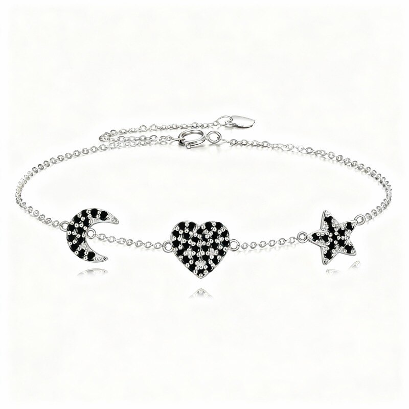 Pulsera de platino con dijes de corazón, luna y estrella de circonita cúbica chapada en oro blanco-1