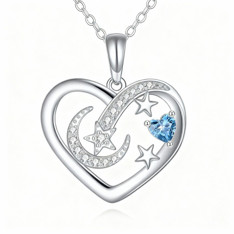 Collar con colgante de corazón, luna y estrella en oro blanco de 18 quilates con circonitas cúbicas-1