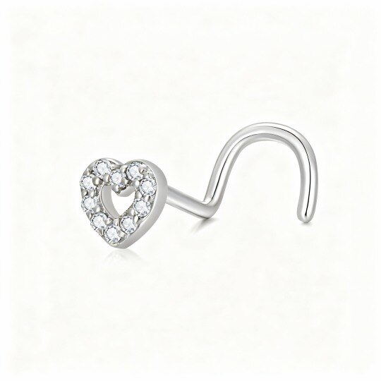 Anillo nasal de corazón con circonita cúbica en oro blanco de 10 quilates