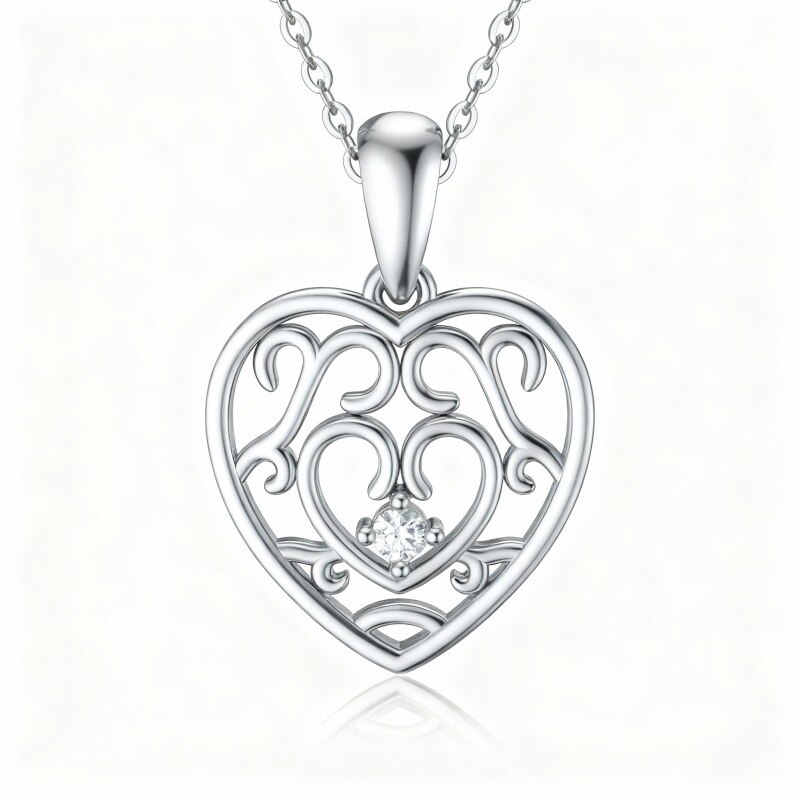 Collar con colgante de corazón de circonita cúbica chapado en oro blanco y platino-1