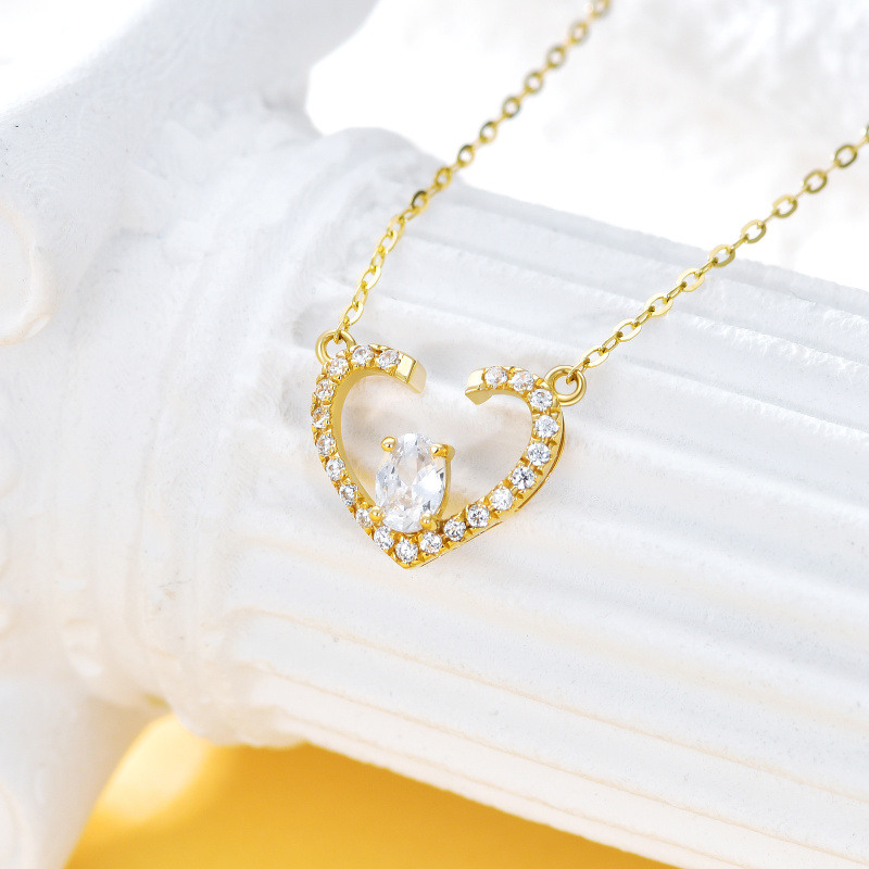 Collar con colgante de corazón de circonita cúbica en oro rosa de 14 quilates-3