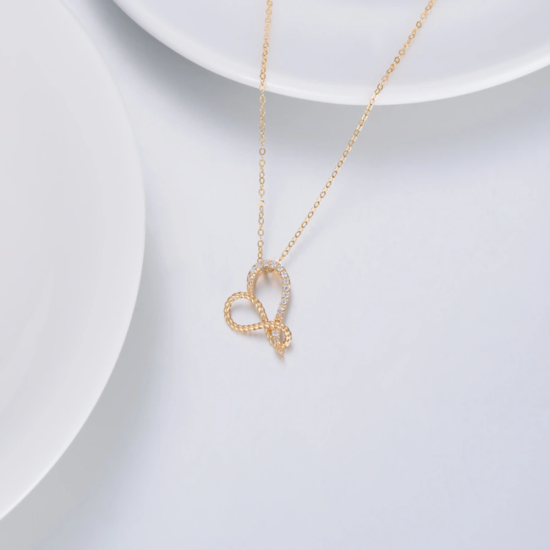 Collier en or 10 carats avec pendentif cœur en forme de corde et zircon cubique pour femme-3