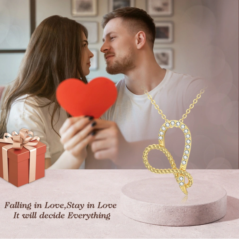 Collier en or 10 carats avec pendentif cœur en forme de corde et zircon cubique pour femme-6