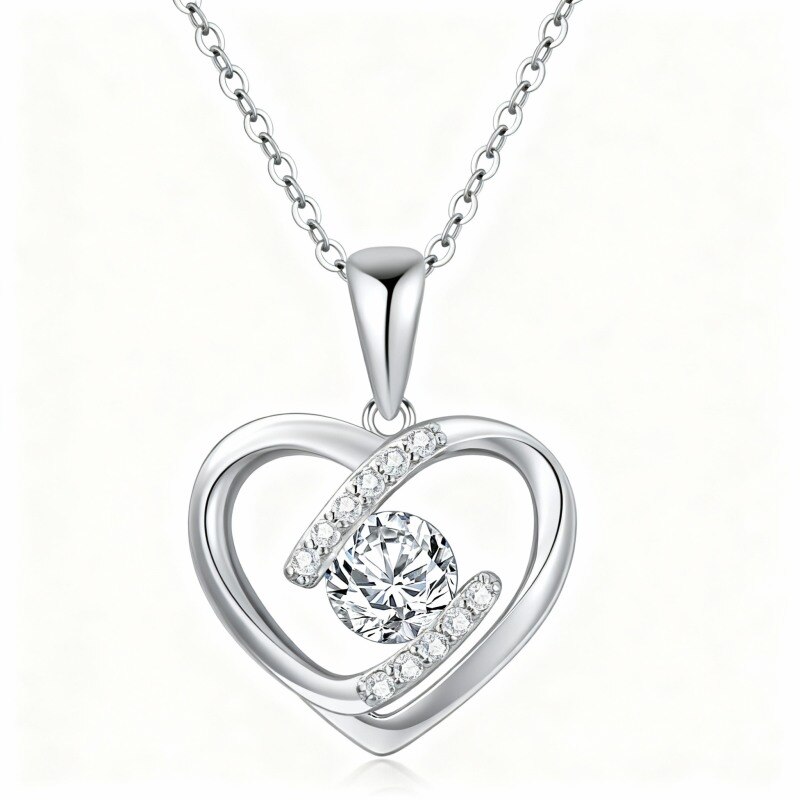 Platinum with White Gold Plated Cubic Zirconia Heart Pendant Necklace-1