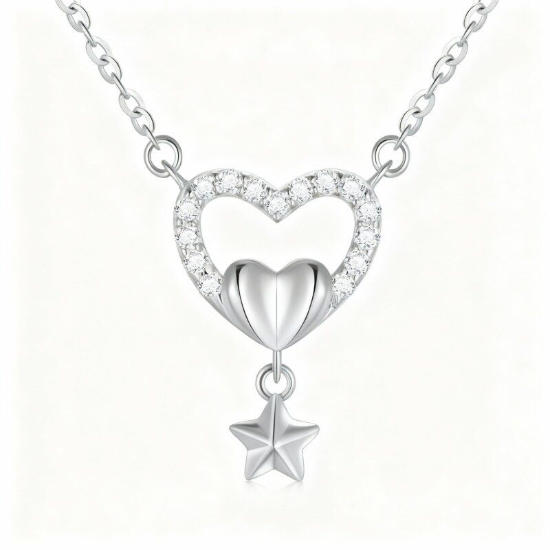 Collar con colgante de corazón de circonita cúbica en oro blanco de 14 quilates-1
