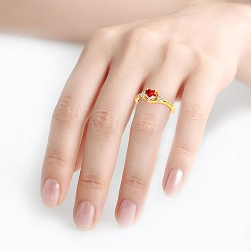 Bague cœur en or 14 carats et zircone cubique rouge-3