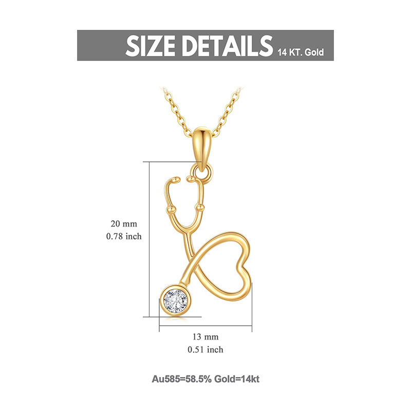 Collar con colgante de corazón y estetoscopio de circonita cúbica en oro de 14 quilates-5