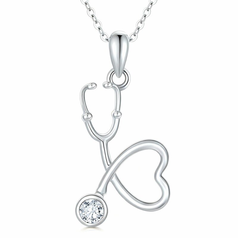 Collier pendentif cœur et stéthoscope en or blanc 10 carats et zircon cubique-14