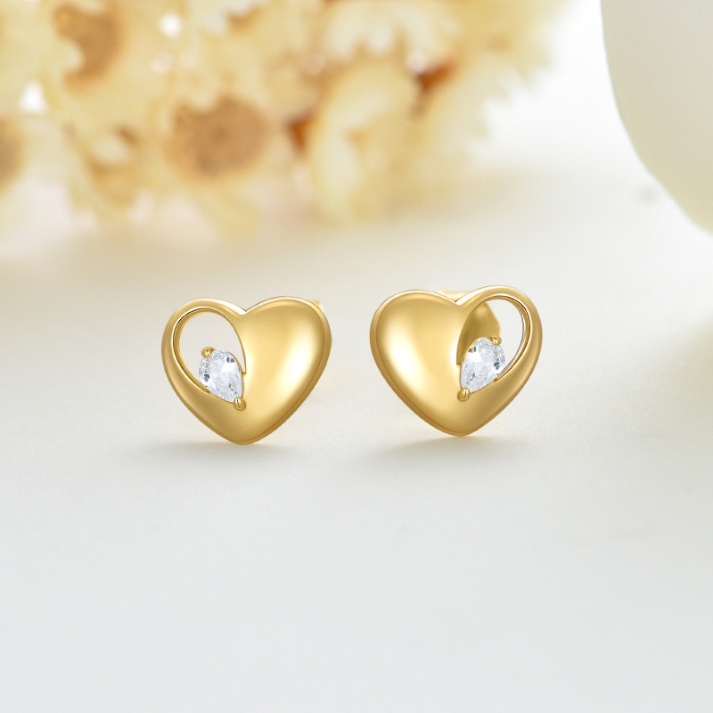 Pendientes de botón con forma de corazón y circonitas cúbicas en oro de 14 quilates-3