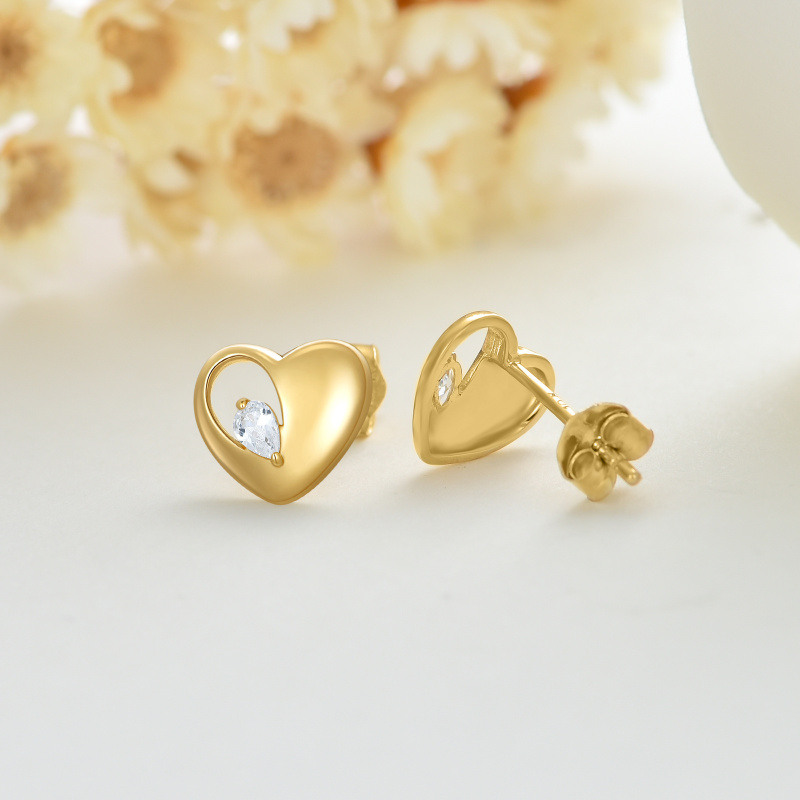 Pendientes de botón con forma de corazón y circonitas cúbicas en oro de 14 quilates-4