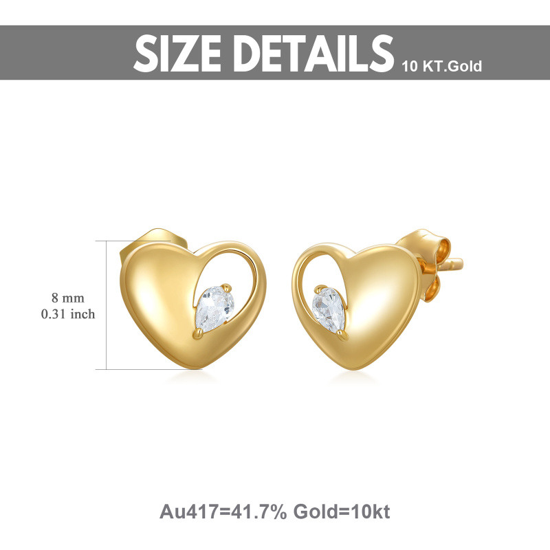 Pendientes de botón con forma de corazón y circonitas cúbicas en oro de 14 quilates-5