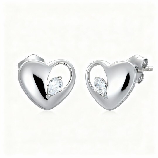 Pendientes de botón con forma de corazón de circonita cúbica en oro blanco de 10 quilates