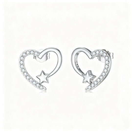 Pendientes de botón con forma de corazón de circonita cúbica en oro blanco de 10 quilates