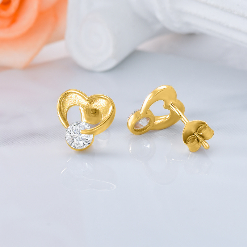 14K Gold Cubic Zirconia Heart Stud Earrings-4