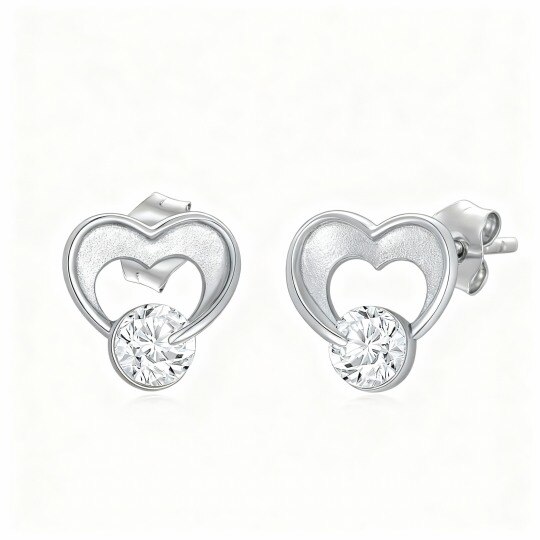 Pendientes de botón con forma de corazón de circonita cúbica en oro blanco de 10 quilates