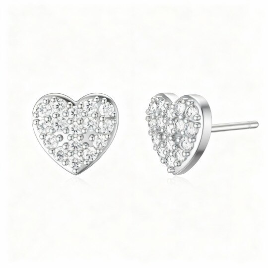 Pendientes de botón con forma de corazón de circonita cúbica en oro blanco de 10 quilates